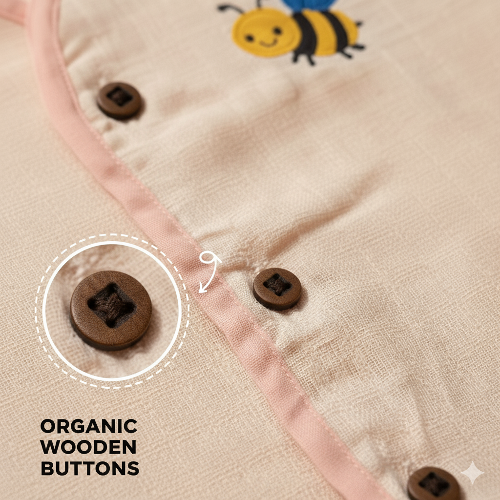 Close-up of organic wooden buttons on a baby shirt/ jabla with a bee graphic design.