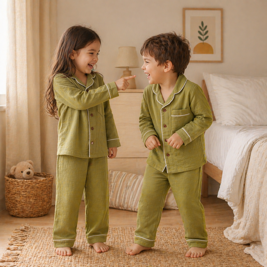 Unisex Crinkle Muslin Night Suit - Little Olive