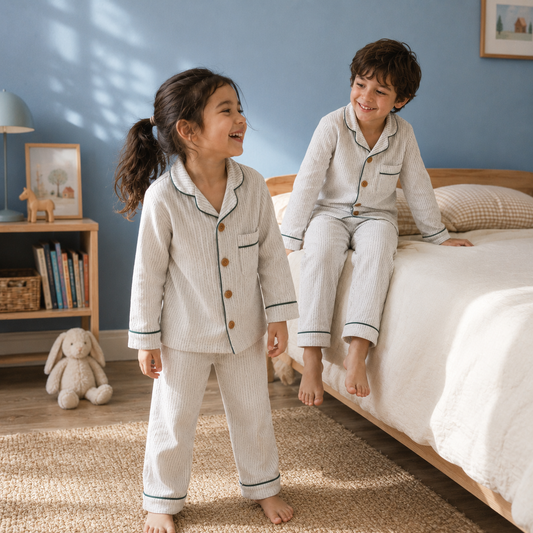 Unisex Crinkle Muslin Night Suit - Pinstripe