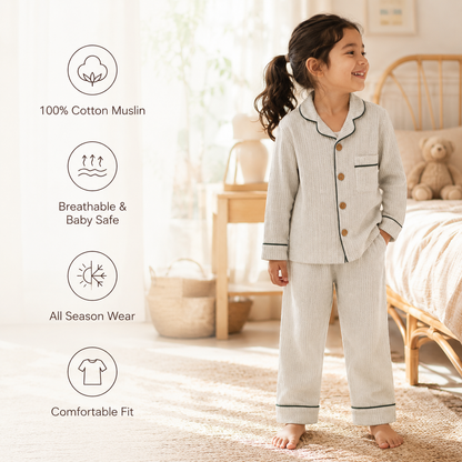 Unisex Crinkle Muslin Night Suit - Pinstripe
