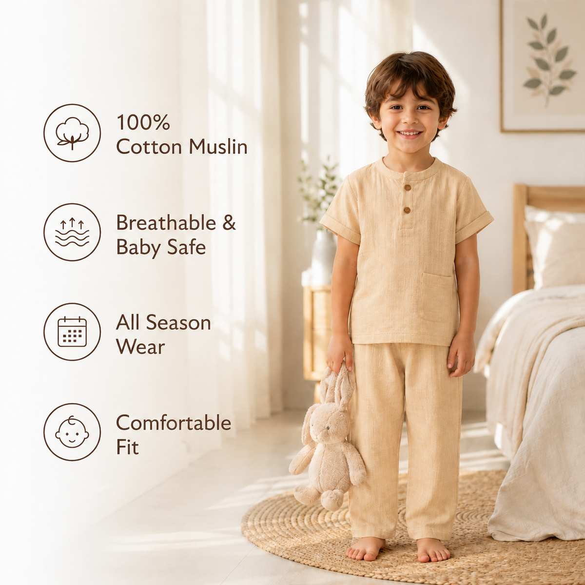 Unisex Crinkle Muslin Nightwear -  Oatmeal