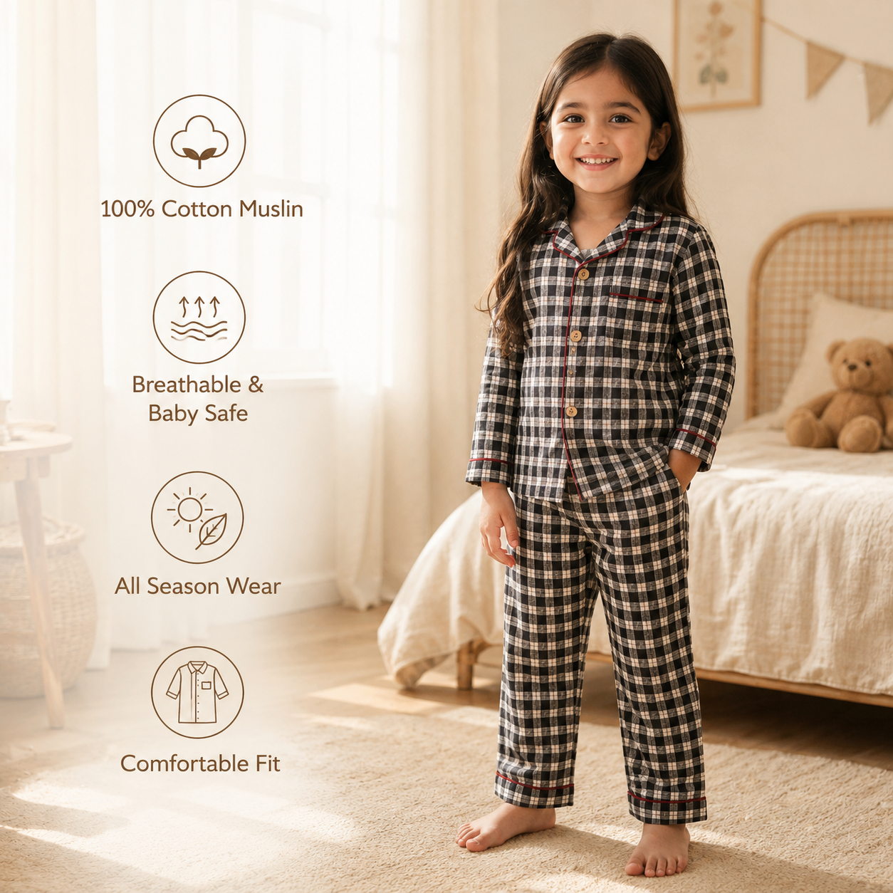 Unisex Crinkle Muslin Night Suit - Cabin Check
