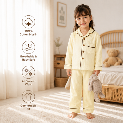 Unisex Crinkle Muslin Night Suit - Butter Yellow