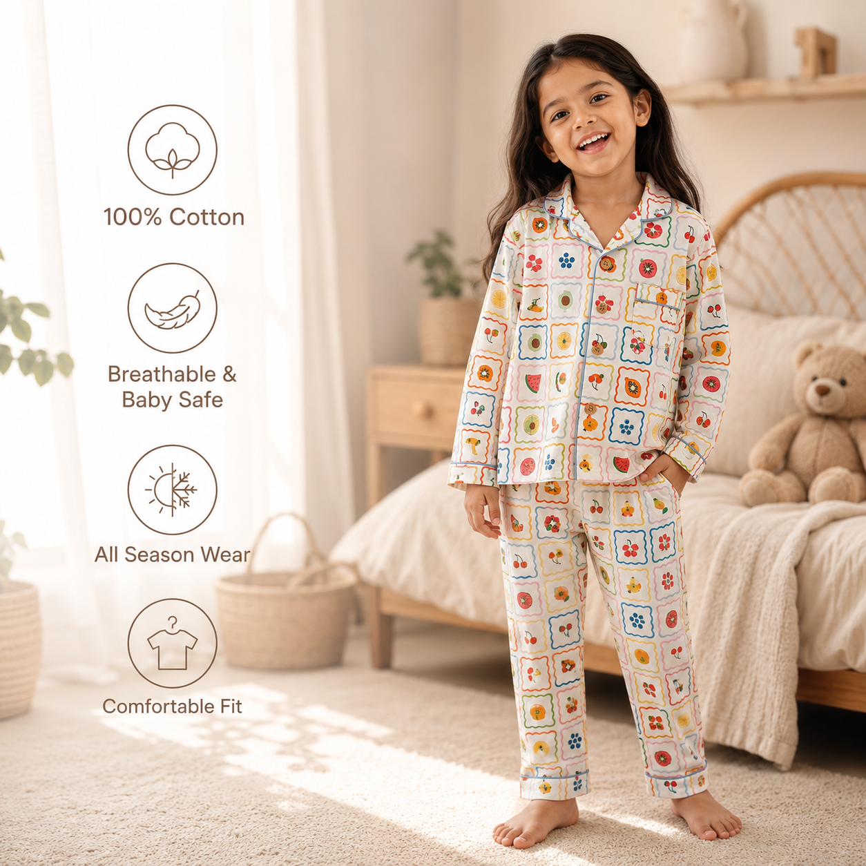 Unisex Cotton Night Suit - Fruit Grid