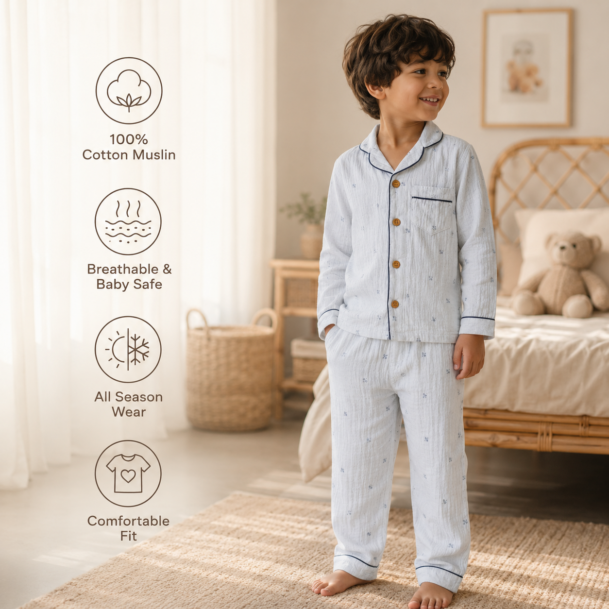 Unisex Crinkle Muslin Night Suit - Cloud Blue