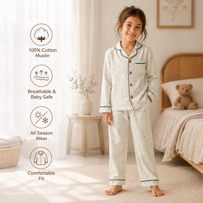 Unisex Crinkle Muslin Night Suit - Soft Sage