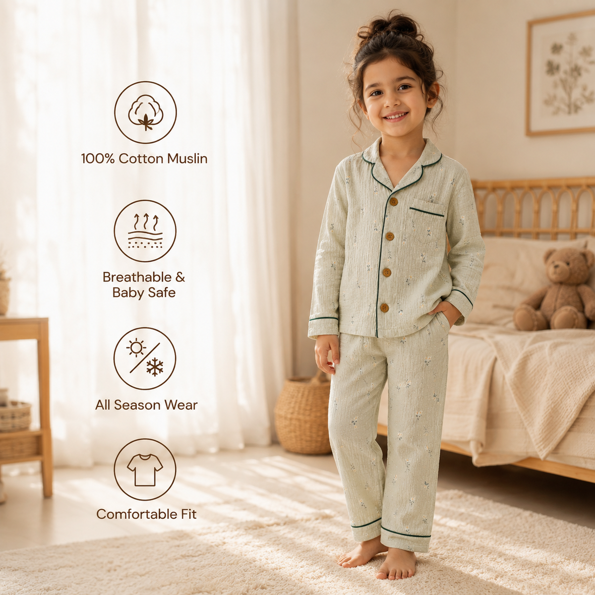 Unisex Crinkle Muslin Night Suit - Soft Sage