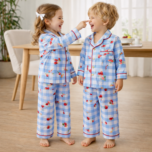 Unisex Crinkle Muslin Night Suit - Cherry Blue