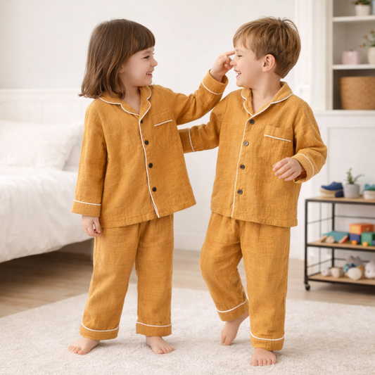 Unisex Crinkle Muslin Night Suit - Mustard