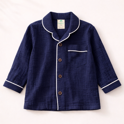 Unisex Crinkle Muslin Night Suit - Midnight Blue