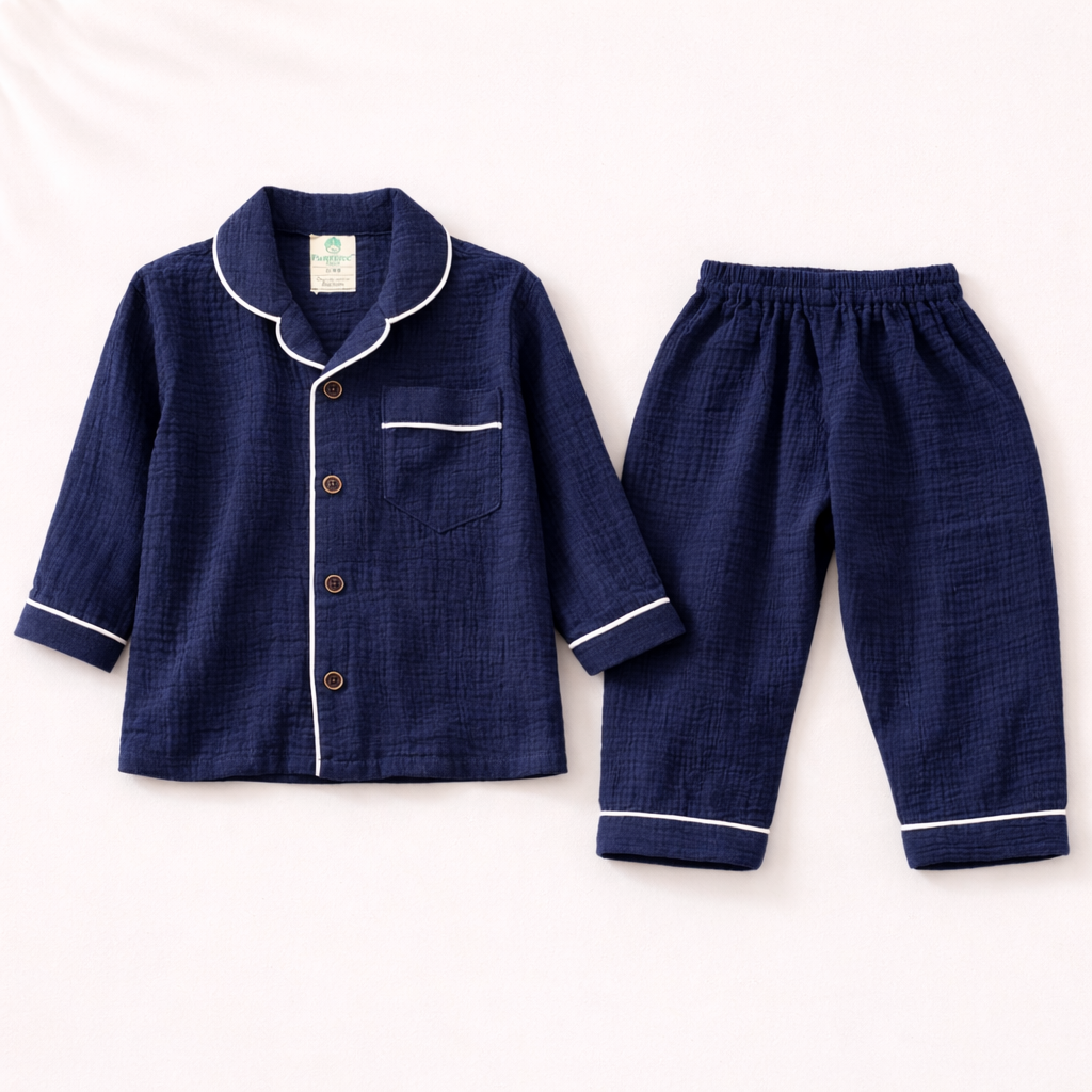 Unisex Crinkle Muslin Night Suit - Midnight Blue