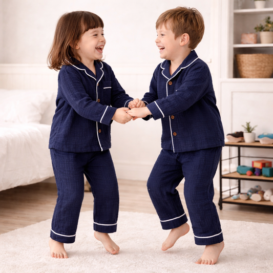 Unisex Crinkle Muslin Night Suit - Midnight Blue