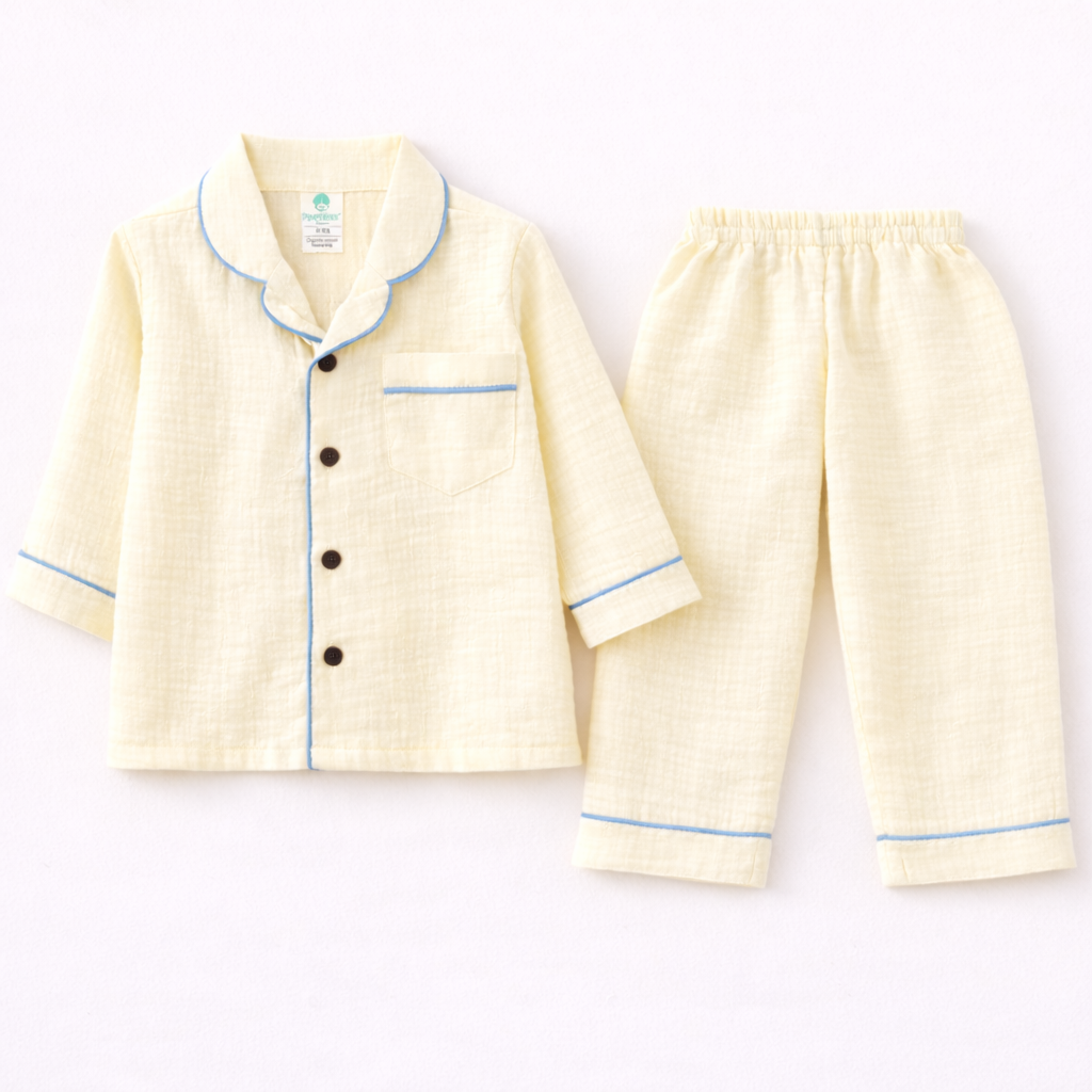 Unisex Soft Crinkle Muslin Night Suit - Butter Yellow