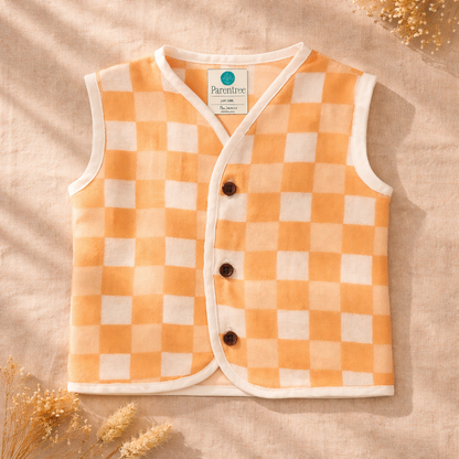 Unisex Organic Muslin Sleeveless Jabla - Peach Gingham