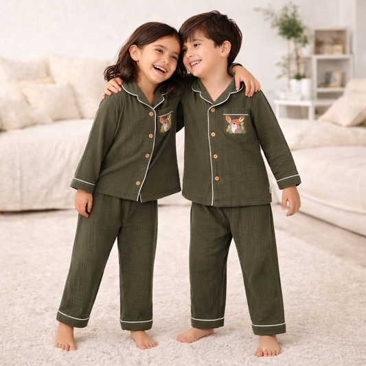 Unisex Crinkle Muslin Night Suit - Forest Green