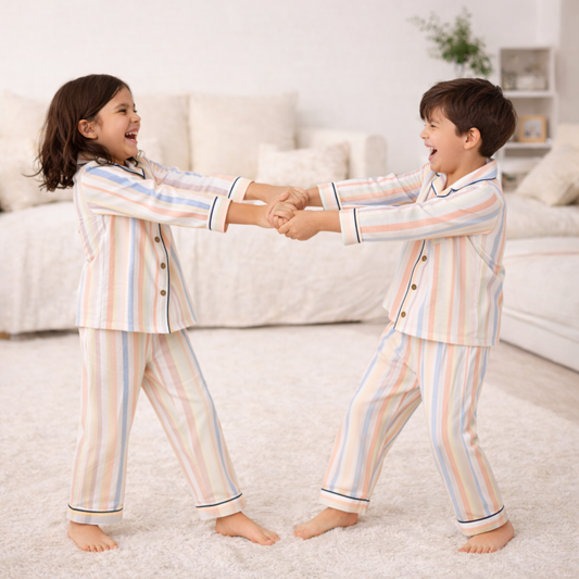 Unisex Crinkle Muslin Night Suit - Stripped