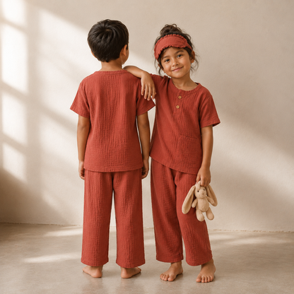 Unisex Crinkle Muslin Nightwear - Warm Rust