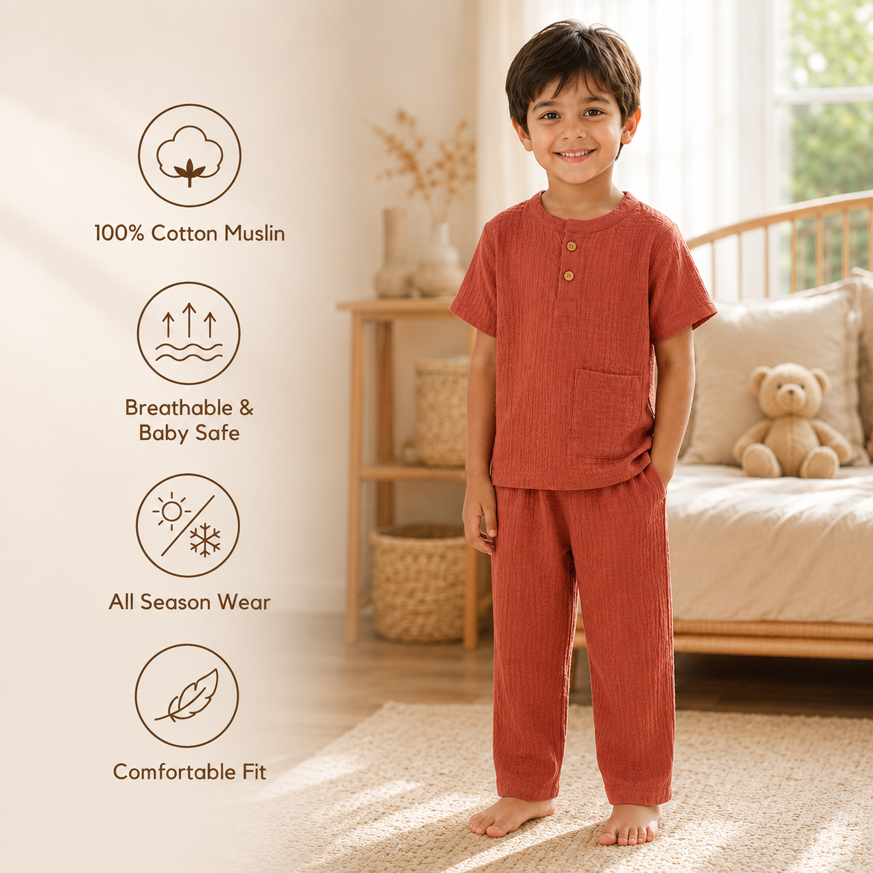 Unisex Crinkle Muslin Nightwear - Warm Rust