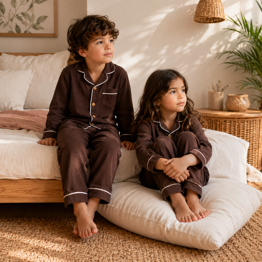 Unisex Crinkle Muslin Night Suit - Hot Chocolate