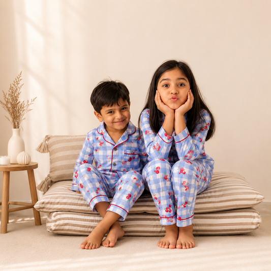 Unisex Crinkle Muslin Night Suit - Cherry Blue