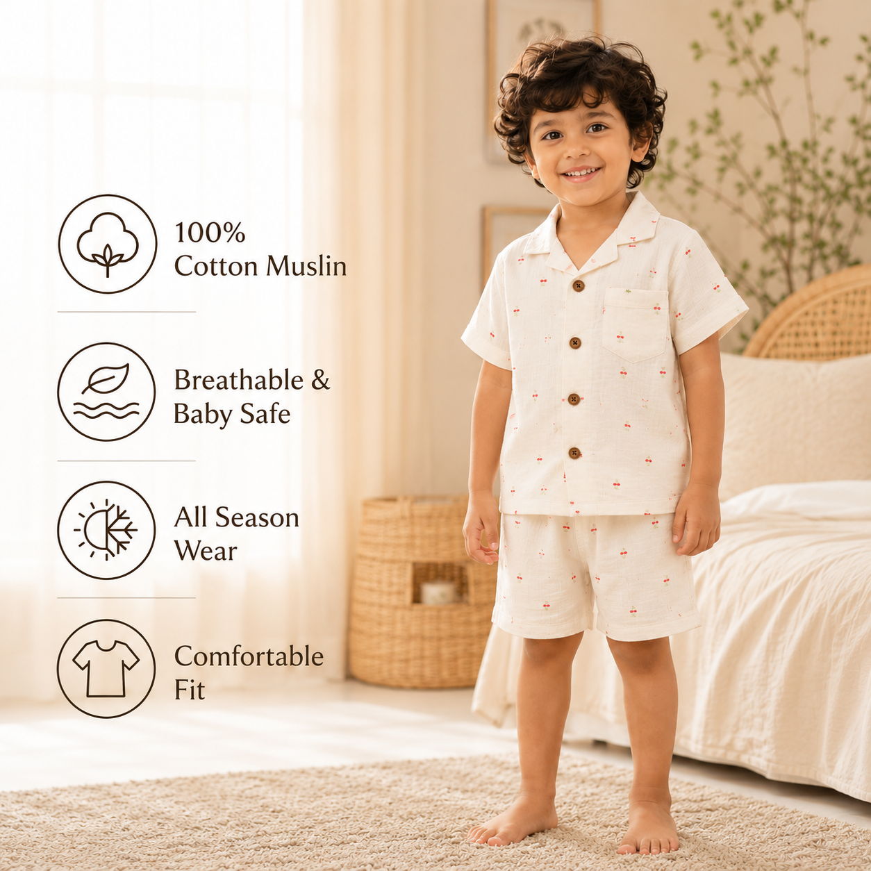 Unisex Crinkle Muslin Nightwear - Cotton Cherry