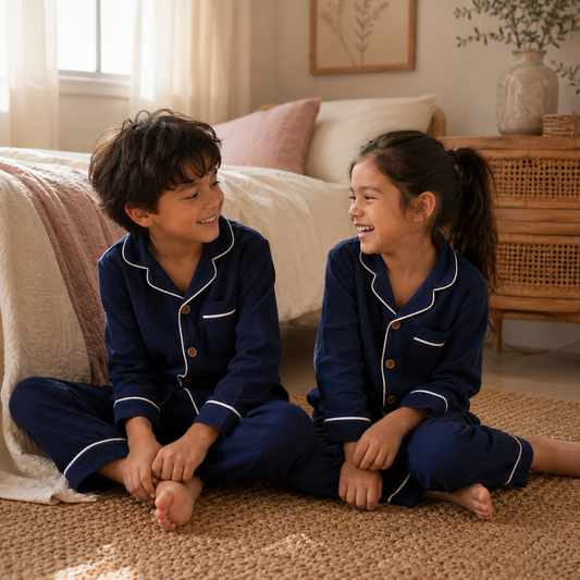 Unisex Crinkle Muslin Night Suit - Midnight Blue