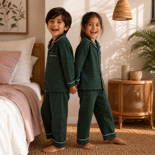 Unisex Crinkle Muslin Night Suit - Hunter Green