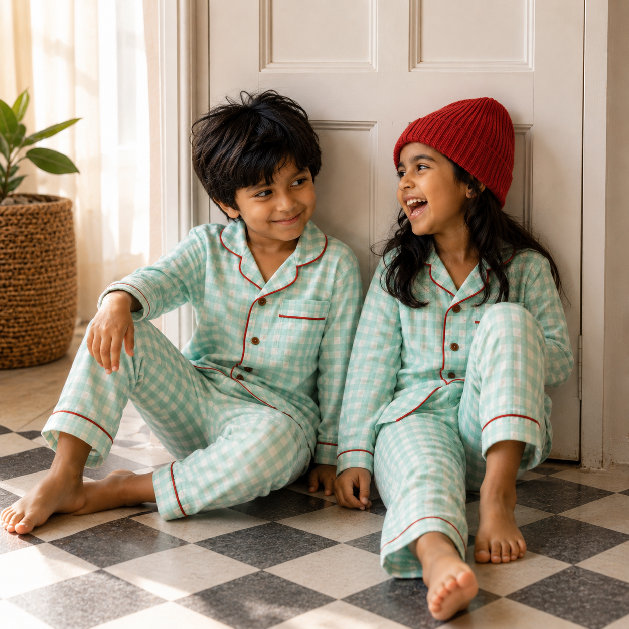 Unisex Cotton Seersucker Night Suit - Mint Checkered
