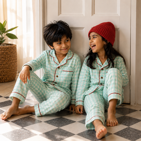 Unisex Cotton Seersucker Night Suit - Mint Checkered