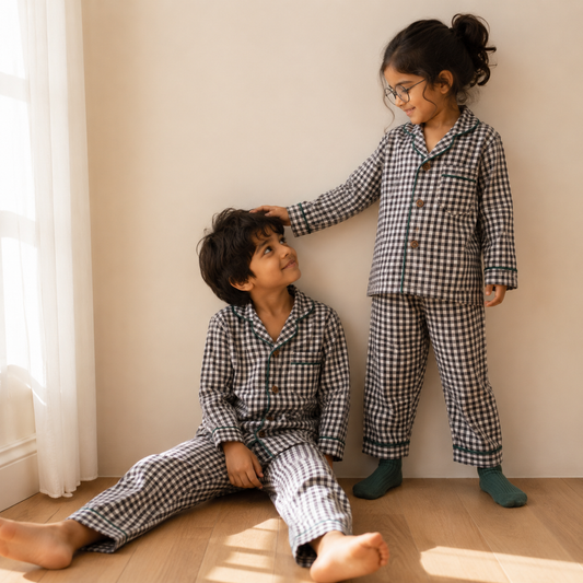 Unisex Cotton Seersucker Night Suit - Black & White Checkered