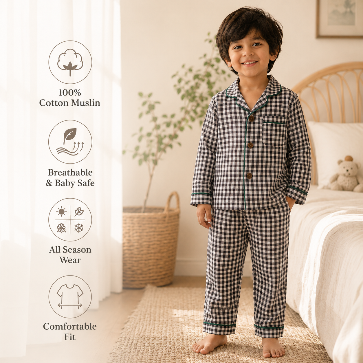Unisex Cotton Seersucker Night Suit - Black & White Checkered