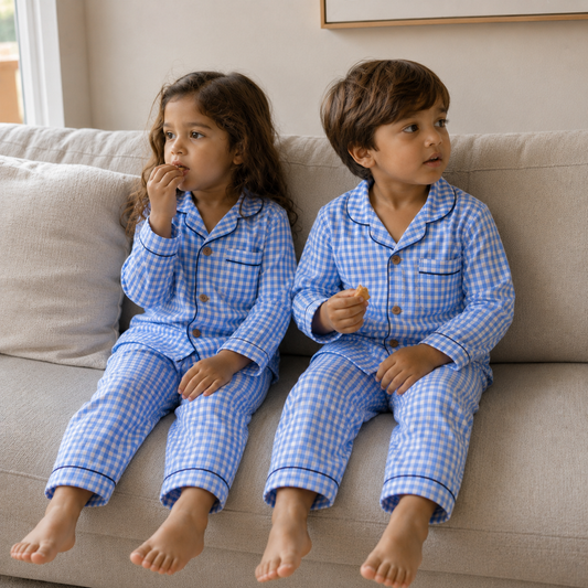 Unisex Cotton Seersucker Night Suit - Blue Checkered