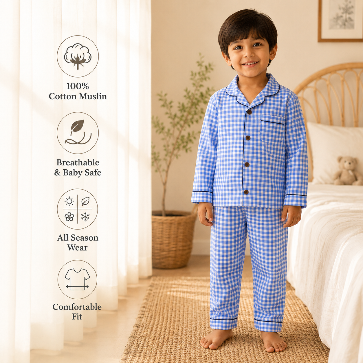 Unisex Cotton Seersucker Night Suit - Blue Checkered