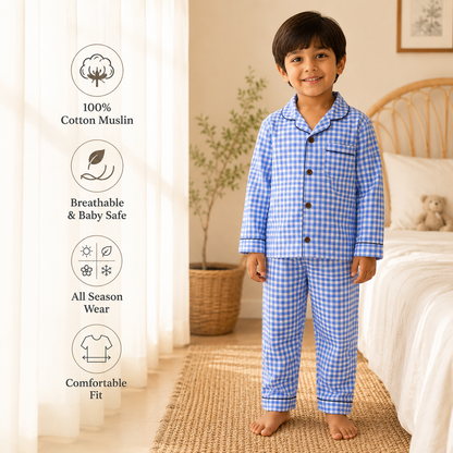 Unisex Cotton Seersucker Night Suit - Blue Checkered