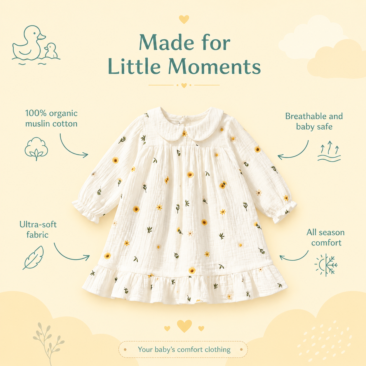 Embroidery Muslin Frock - Sunlit Daisy