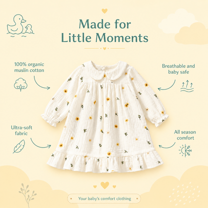 Embroidery Muslin Frock - Sunlit Daisy