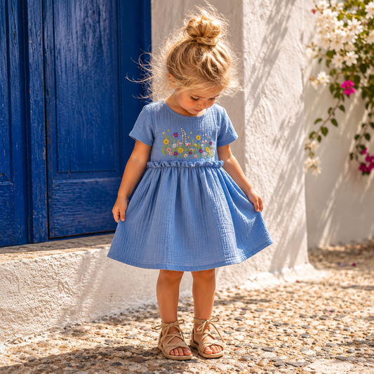 Crinkle Muslin Frill Frock - Blue Flora