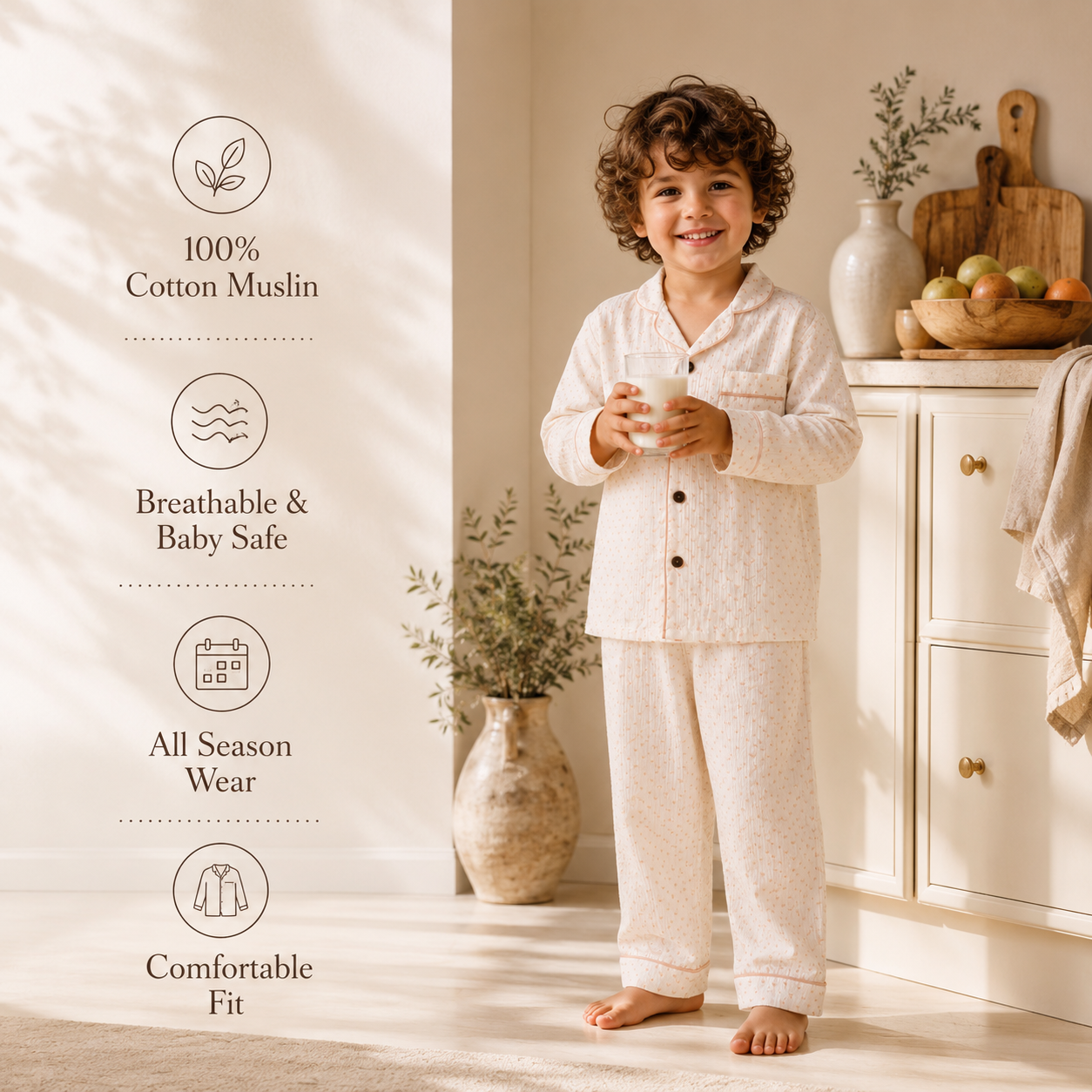 Unisex Crinkle Muslin Night Suit - Soft White