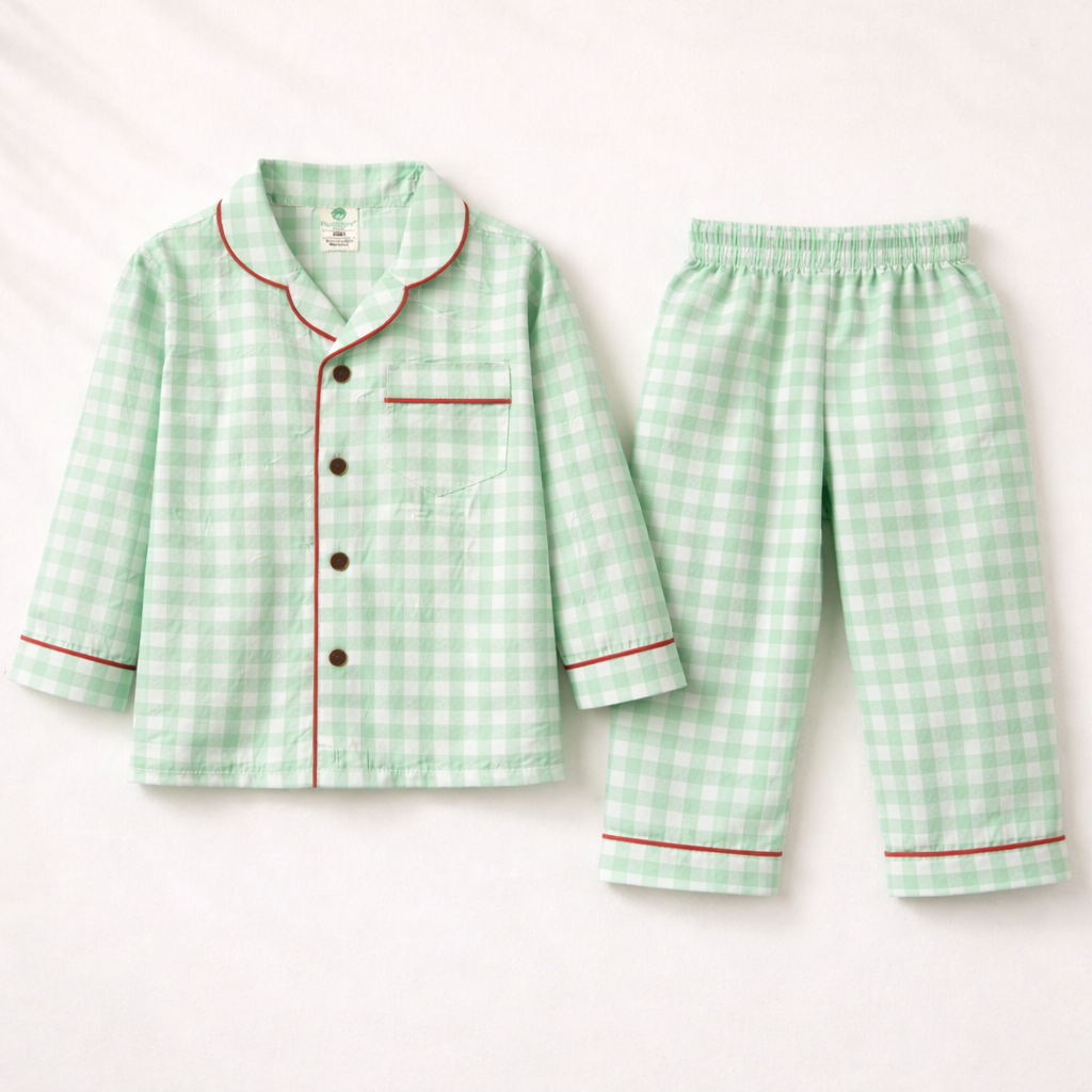 Unisex Cotton Seersucker Night Suit - Mint Checkered