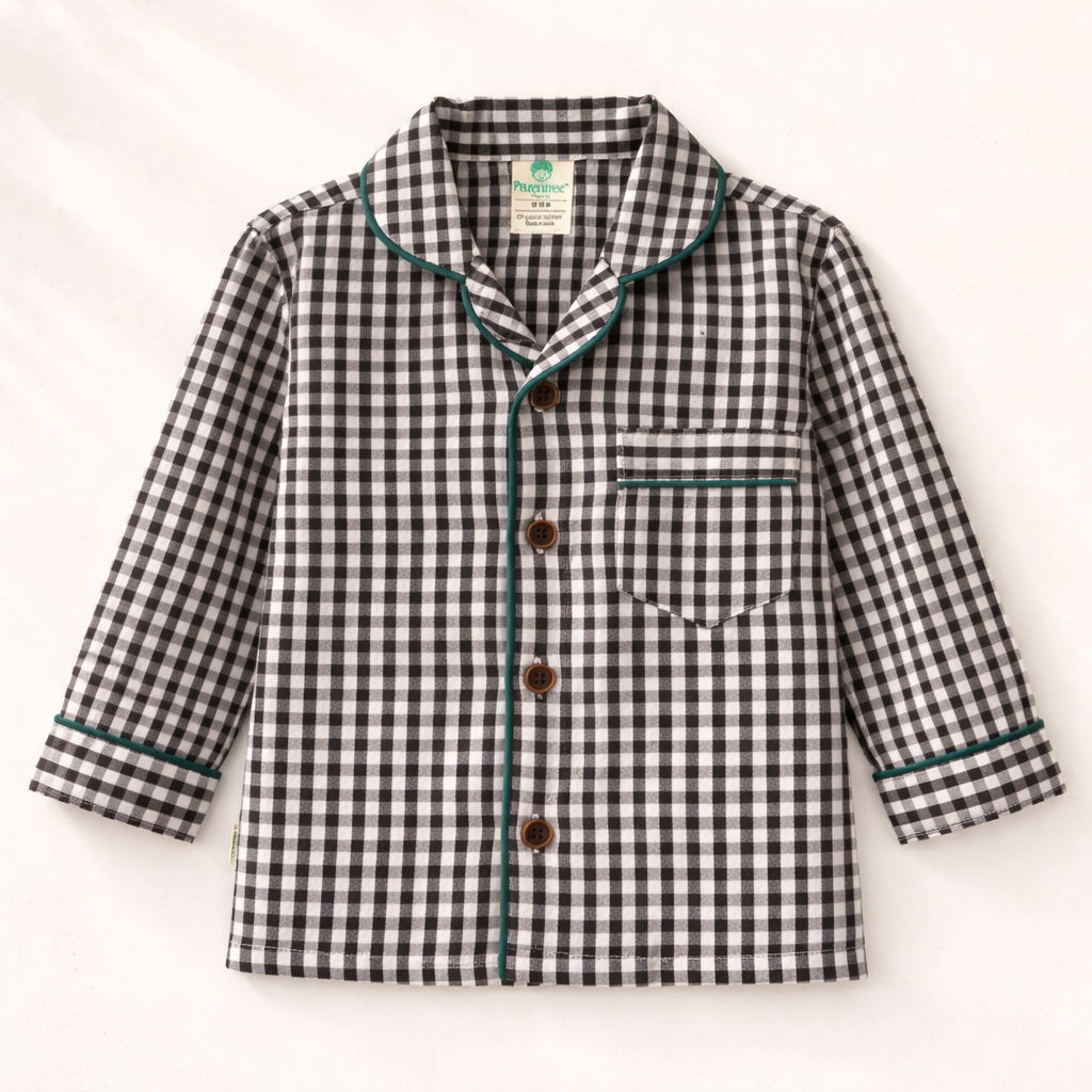 Unisex Cotton Seersucker Night Suit - Black & White Checkered