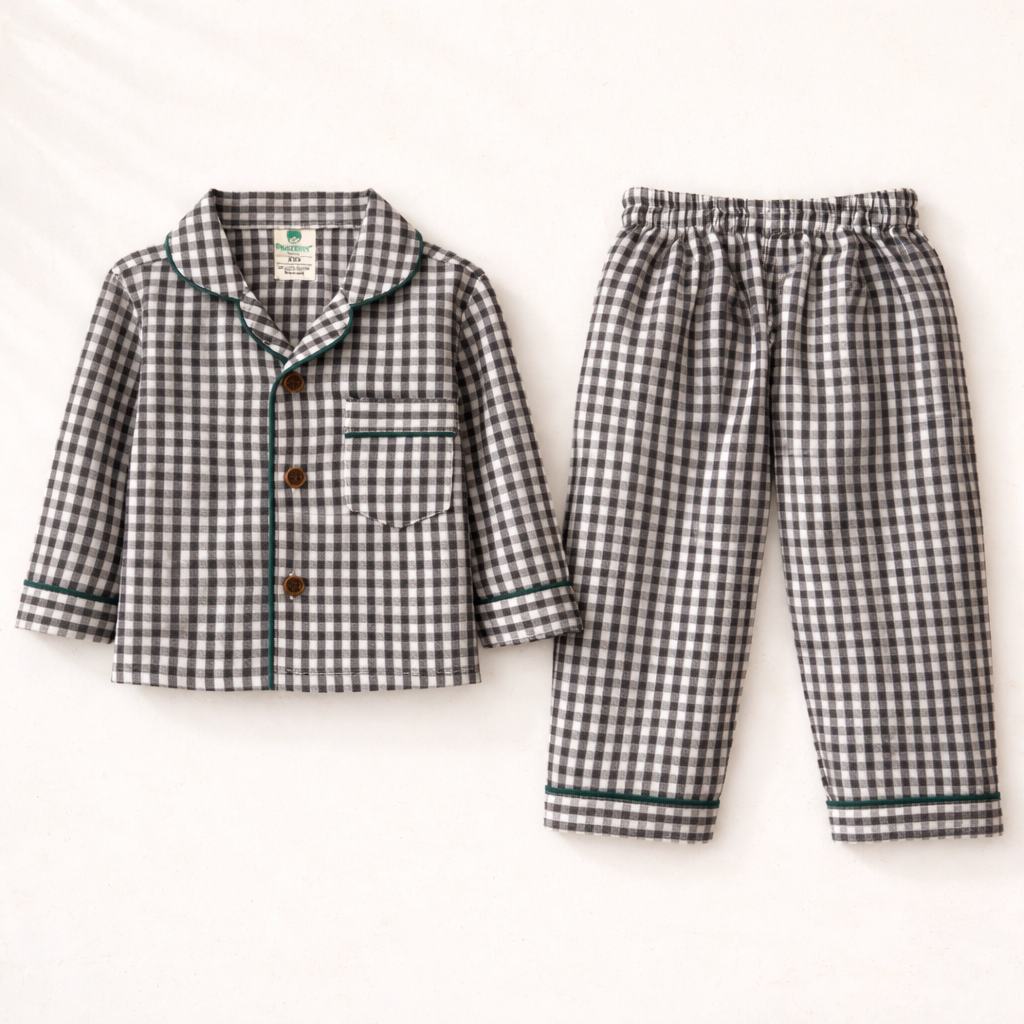 Unisex Cotton Seersucker Night Suit - Black & White Checkered
