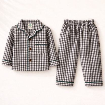 Unisex Cotton Seersucker Night Suit - Black & White Checkered