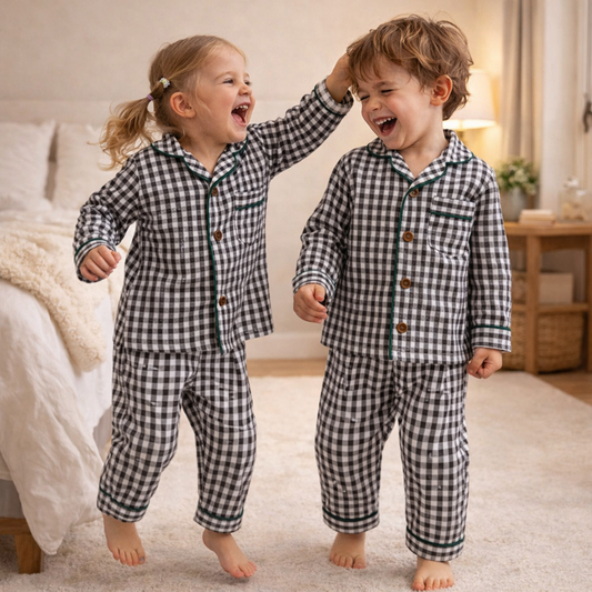 Unisex Cotton Seersucker Night Suit - Black & White Checkered