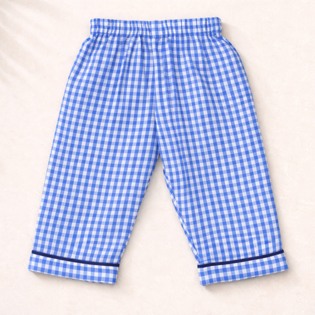 Unisex Cotton Seersucker Night Suit - Blue Checkered