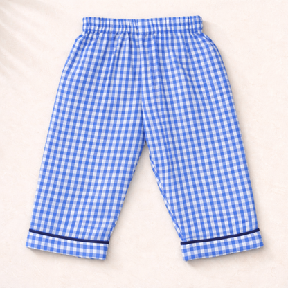 Unisex Cotton Seersucker Night Suit - Blue Checkered