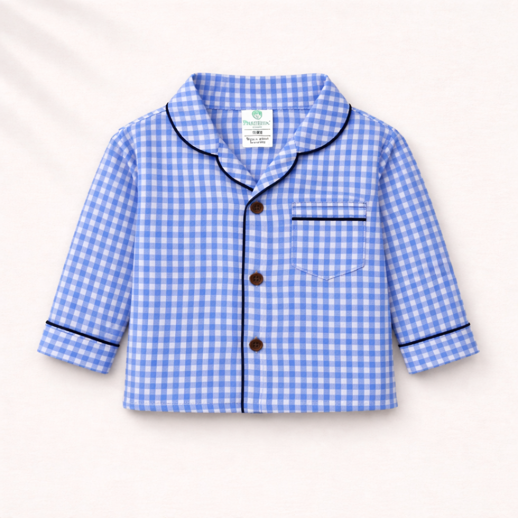 Unisex Cotton Seersucker Night Suit - Blue Checkered