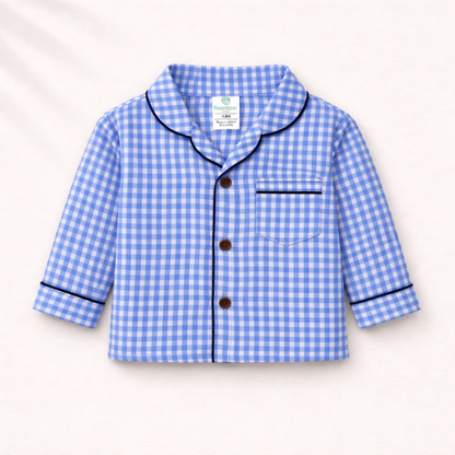 Unisex Cotton Seersucker Night Suit - Blue Checkered