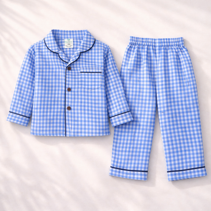 Unisex Cotton Seersucker Night Suit - Blue Checkered