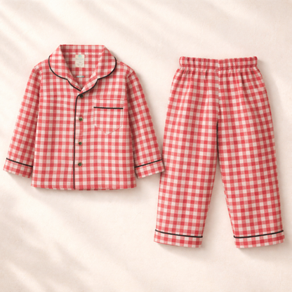 Unisex Cotton Seersucker Night Suit - Berry Red Checkered