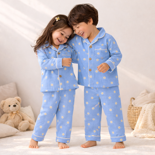 Unisex Crinkle Muslin Night Suit - Blooming Blue